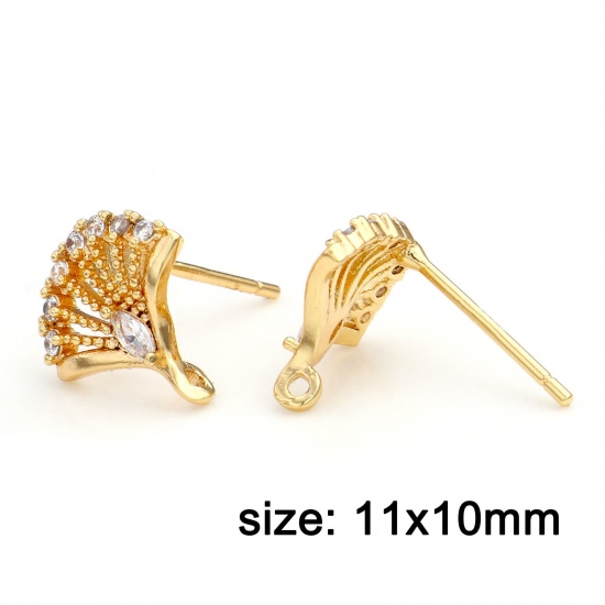 Picture of Brass Ear Post Stud Earrings 18K Real Gold Plated Fan-shaped With Loop Clear Cubic Zirconia 11mm x 10mm, Post/ Wire Size: (21 gauge), 2 PCs                                                                                                                   