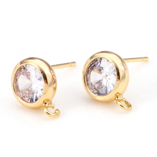 Picture of Brass Ear Post Stud Earrings 18K Real Gold Plated Round With Loop Clear Cubic Zirconia 11mm x 8mm, Post/ Wire Size: (21 gauge), 2 PCs                                                                                                                         