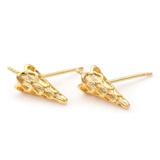 Picture of Brass Ear Post Stud Earrings 18K Real Gold Plated Cone 14mm x 6mm, Post/ Wire Size: (21 gauge), 2 PCs                                                                                                                                                         