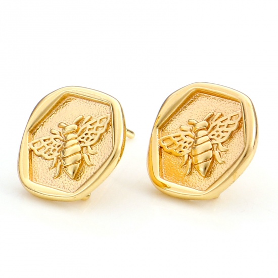 Picture of Brass Insect Ear Post Stud Earrings 18K Real Gold Plated Insect Animal With Loop 14mm x 14mm, Post/ Wire Size: (20 gauge), 2 PCs                                                                                                                              