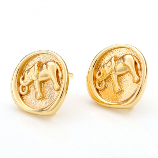 Picture of Brass Ear Post Stud Earrings 18K Real Gold Plated Elephant Animal With Loop 14mm x 14mm, Post/ Wire Size: (20 gauge), 2 PCs                                                                                                                                   