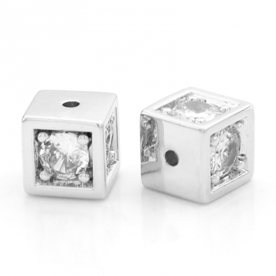 Bild von Messing & Kubisch Zirkonia Perlen für die DIY-Schmuckherstellung Echt Platin plattiert Transparent Würfel ca, 7mm x 7mm, Loch: ca, 1mm, 2 Stück