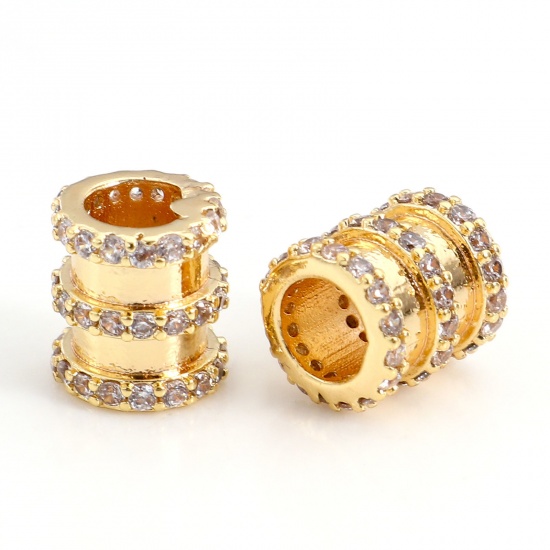 Bild von Messing & Kubisch Zirkonia Perlen für die DIY-Schmuckherstellung 18K Echtgold plattiert Transparent Zylinder Micro Pave ca. 8mm x 7mm, Loch: ca. 3.8mm, 1 Stück