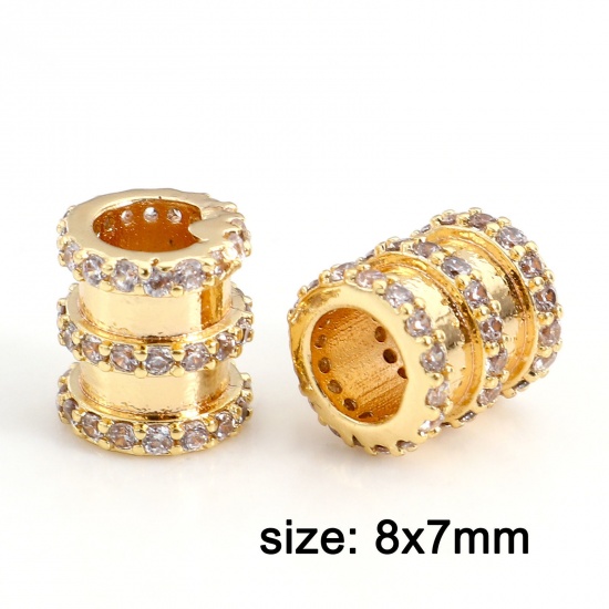 Bild von Messing & Kubisch Zirkonia Perlen für die DIY-Schmuckherstellung 18K Echtgold plattiert Transparent Zylinder Micro Pave ca. 8mm x 7mm, Loch: ca. 3.8mm, 1 Stück