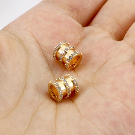 Bild von Messing & Kubisch Zirkonia Perlen für die DIY-Schmuckherstellung 18K Echtgold plattiert Transparent Zylinder Micro Pave ca. 8mm x 7mm, Loch: ca. 3.8mm, 1 Stück