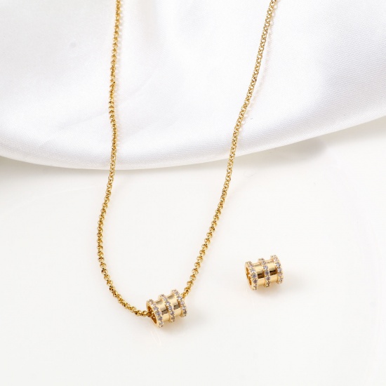 Bild von Messing & Kubisch Zirkonia Perlen für die DIY-Schmuckherstellung 18K Echtgold plattiert Transparent Zylinder Micro Pave ca. 8mm x 7mm, Loch: ca. 3.8mm, 1 Stück
