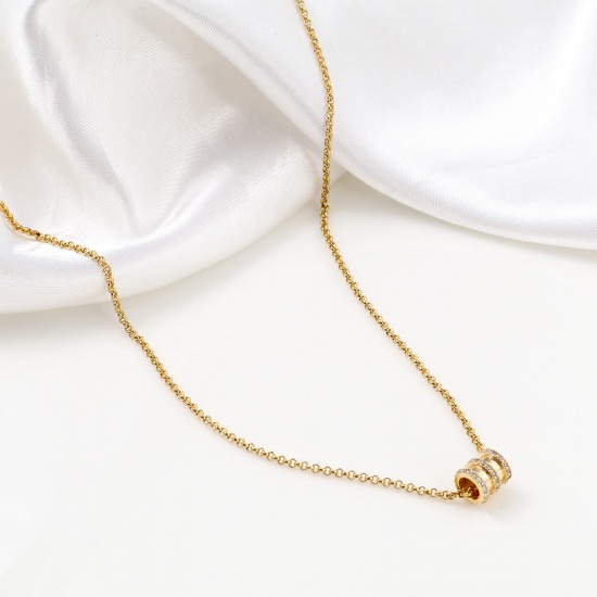 Bild von Messing & Kubisch Zirkonia Perlen für die DIY-Schmuckherstellung 18K Echtgold plattiert Transparent Zylinder Micro Pave ca. 8mm x 7mm, Loch: ca. 3.8mm, 1 Stück