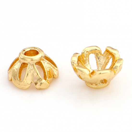 Picture of Brass Beads Caps Flower 18K Real Gold Plated Hollow (Fit 6mm Bead) 5.5mm x 5mm, 10 PCs