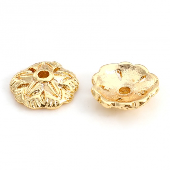 Image de Coupelles en Laiton Fleur Plaqué Or Véritable 18K Creux (Apparié à Perle 10mm ) 7.5mm x 7.5mm, 10 Pcs