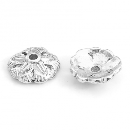 Image de Coupelles en Laiton Fleur Plaqué Platine Véritable Creux (Apparié à Perle 10mm ) 7.5mm x 7.5mm, 10 Pcs