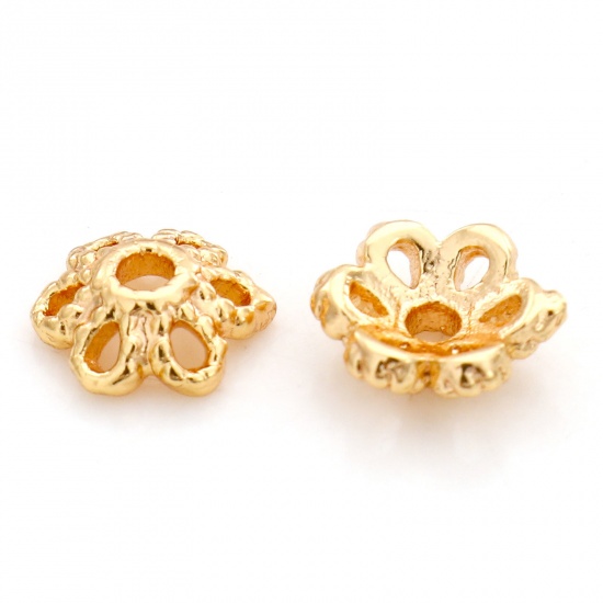 Picture of Brass Beads Caps Flower 18K Real Gold Plated Hollow (Fit 8mm Bead) 6mm x 6mm, 20 PCs