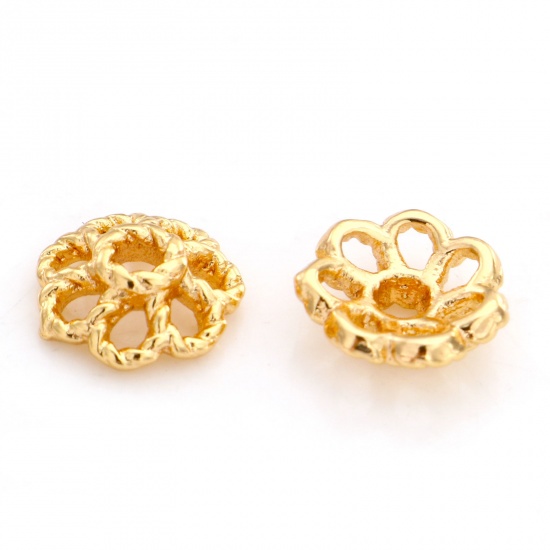 Picture of Brass Beads Caps Flower 18K Real Gold Plated Hollow (Fit 10mm Bead) 8mm x 8mm, 2 PCs                                                                                                                                                                          