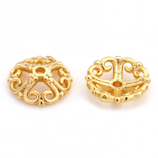 Picture of Brass Beads Caps Round Heart 18K Real Gold Plated Hollow (Fit 14mm Bead) 10mm Dia., 10 PCs