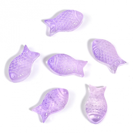 Picture of Lampwork Glass Ocean Jewelry Beads For DIY Charm Jewelry Making Fish Animal Mauve Gradient Color About 15mm x 8mm, 50 PCs