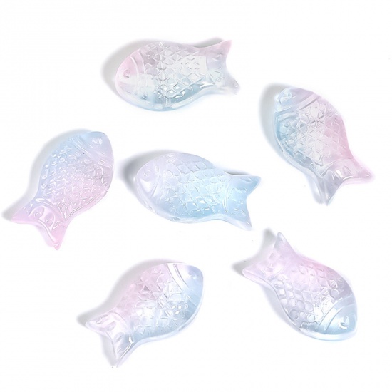 Picture of Lampwork Glass Ocean Jewelry Beads For DIY Charm Jewelry Making Fish Animal Blue & Pink Gradient Color About 15mm x 8mm, 50 PCs