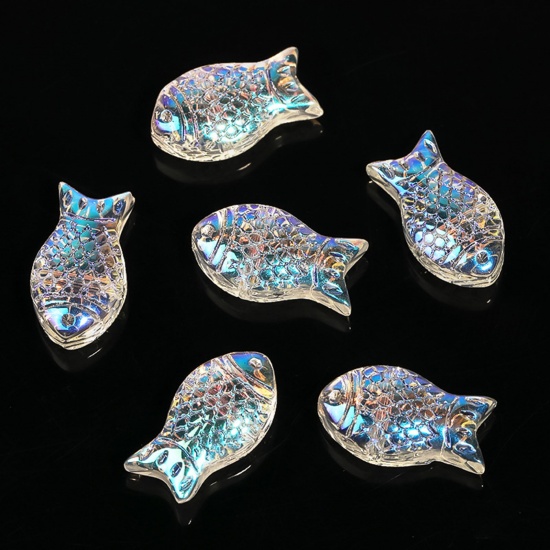 Picture of Lampwork Glass Ocean Jewelry Beads For DIY Charm Jewelry Making Fish Animal Clear AB Color Gradient Color About 15mm x 8mm, 50 PCs