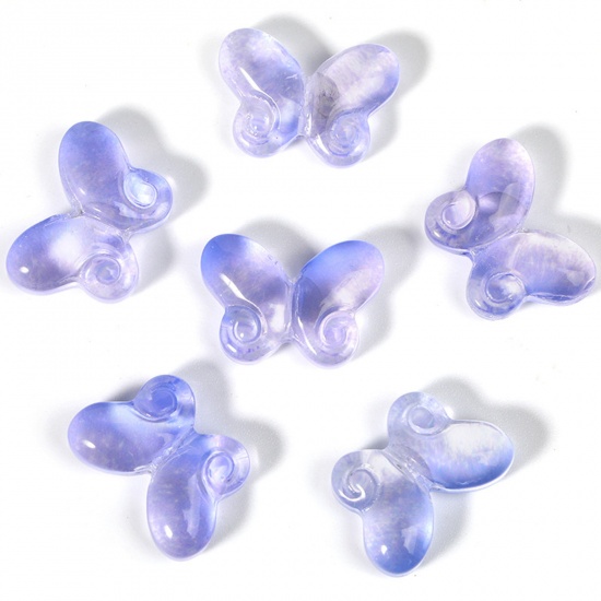 Picture of Lampwork Glass Insect Beads For DIY Charm Jewelry Making Butterfly Animal White & Blue Gradient Color About 14.5mm x 10.2mm, 50 PCs