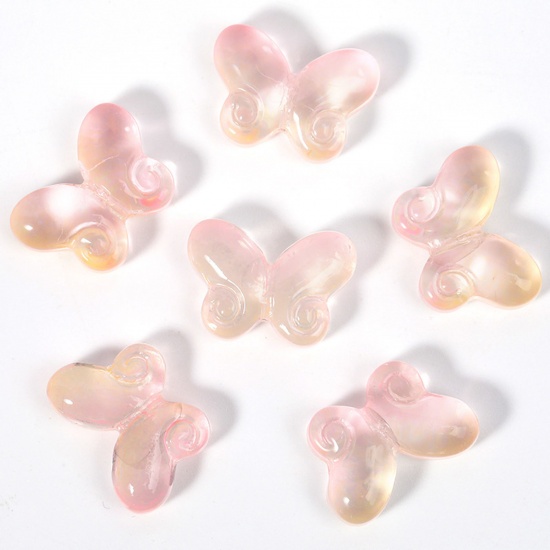 Picture of Lampwork Glass Insect Beads For DIY Charm Jewelry Making Butterfly Animal Pink & Yellow Gradient Color About 14.5mm x 10.2mm, 50 PCs