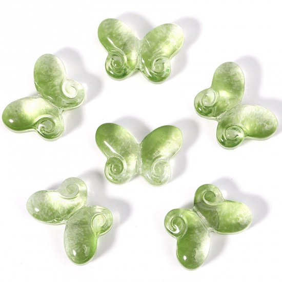 Picture of Lampwork Glass Insect Beads For DIY Charm Jewelry Making Butterfly Animal White & Green Gradient Color About 14.5mm x 10.2mm, 50 PCs