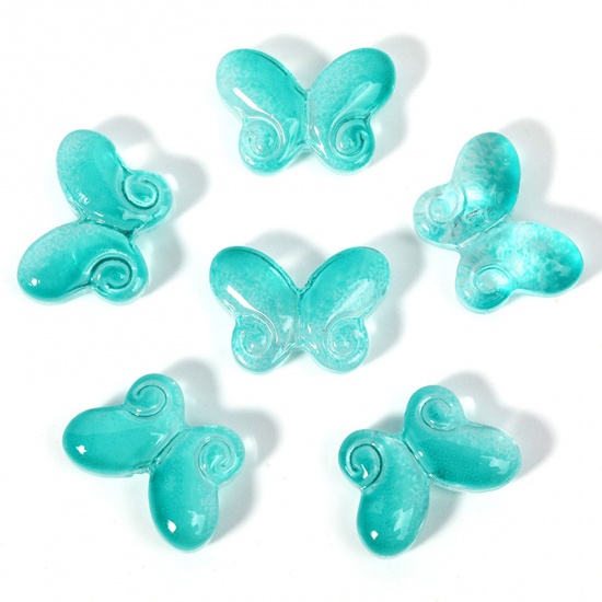 Picture of Lampwork Glass Insect Beads For DIY Charm Jewelry Making Butterfly Animal White & Green Blue Gradient Color About 14.5mm x 10.2mm, 50 PCs