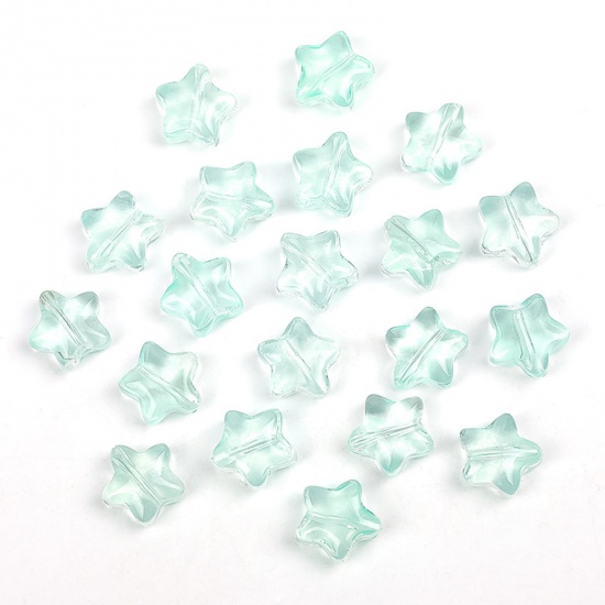 Picture of Lampwork Glass Galaxy Beads For DIY Charm Jewelry Making Pentagram Star Lake Blue Gradient Color About 8mm x 8mm, 50 PCs