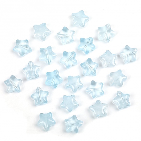 Picture of Lampwork Glass Galaxy Beads For DIY Charm Jewelry Making Pentagram Star Light Blue Gradient Color About 8mm x 8mm, 50 PCs