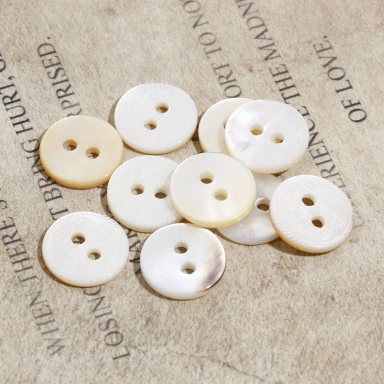 Picture of Natural Shell Sewing Buttons Scrapbooking 2 Holes Round Beige Flower Pattern 11mm Dia, 5 PCs