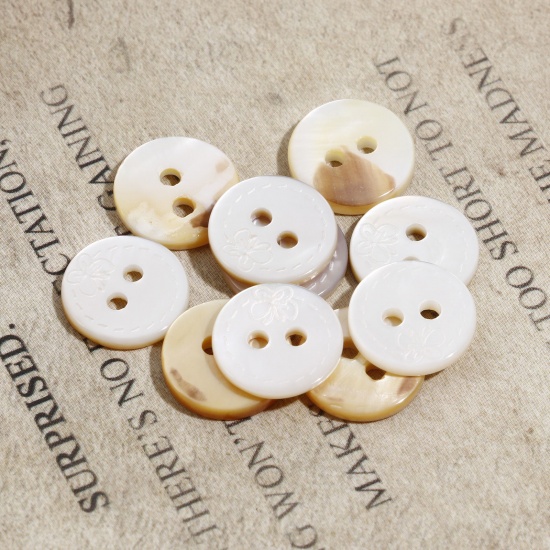 Picture of Natural Shell Sewing Buttons Scrapbooking 2 Holes Round Beige Butterfly Pattern 11mm Dia, 5 PCs