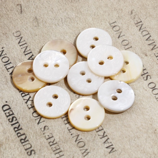 Picture of Natural Shell Sewing Buttons Scrapbooking 2 Holes Round Beige Branch Pattern 11mm Dia, 5 PCs