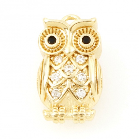 Picture of Brass Halloween Charms 18K Real Gold Plated Owl Animal Micro Pave Clear & Black Cubic Zirconia 15.5mm x 8.5mm, 1 Piece