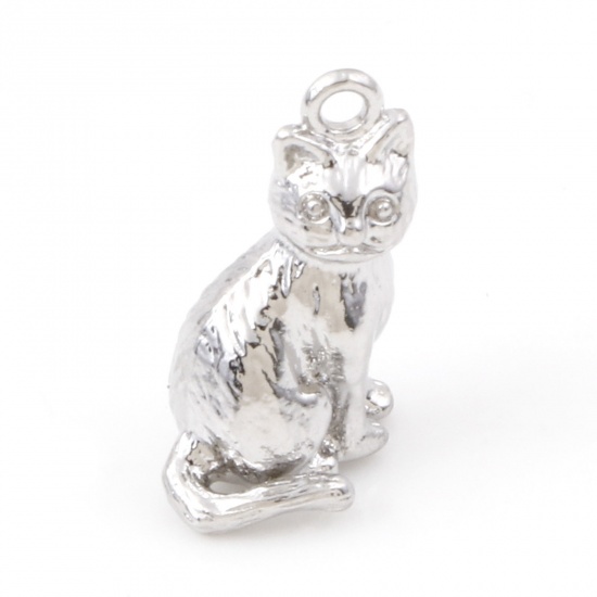 Picture of Brass Charms Real Platinum Plated Cat Animal 3D 15mm x 9mm, 2 PCs