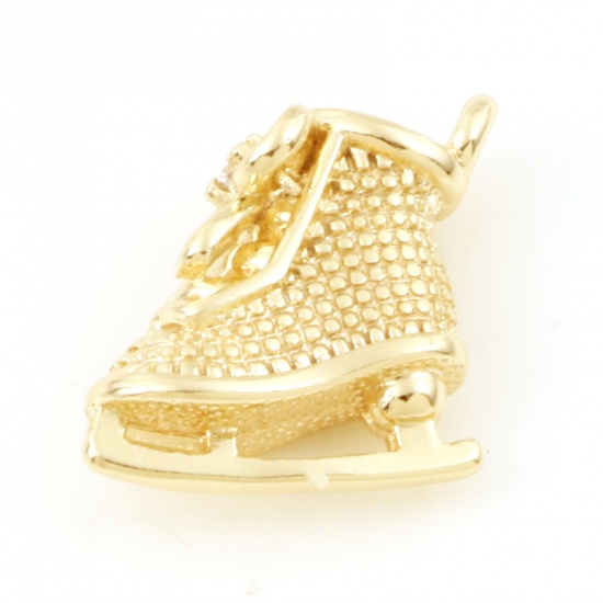 Immagine di Ottone Sport Charms Pattini da Ghiaccio 18K Vero Oro Placcato Cravatta a Farfalla 3D Trasparente Cubic Zirconiae 12mm x 11mm, 5 Pz