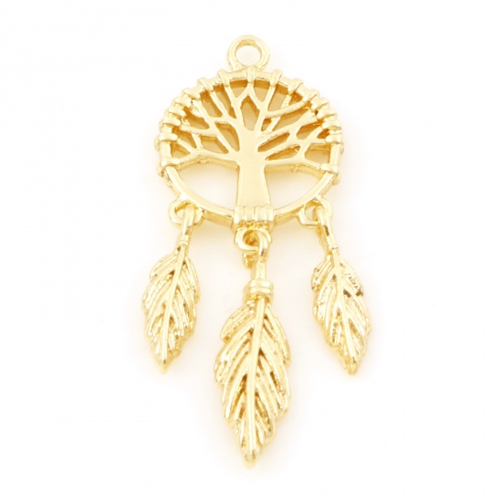 Imagen de Latón Colgantes Charms Capta Sueño 18K Oro Real Chapado Árbol de la Vida 27mm x 10mm, 2 Unidades