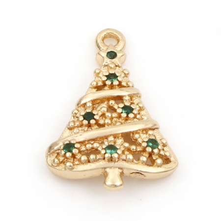 Ottone Charms Albero di Natale 18K Vero Oro Placcato Micro Spianare Verde Cubic Zirconiae 18.5mm x 12mm, 2 Pz