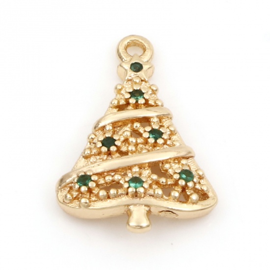 Imagen de Latón Colgantes Charms Árbol de Navidad 18K Oro Real Chapado Micro Pave Verde Circón Artificial 18.5mm x 12mm, 2 Unidades