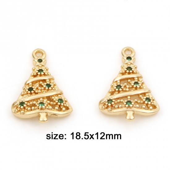 Imagen de Latón Colgantes Charms Árbol de Navidad 18K Oro Real Chapado Micro Pave Verde Circón Artificial 18.5mm x 12mm, 2 Unidades