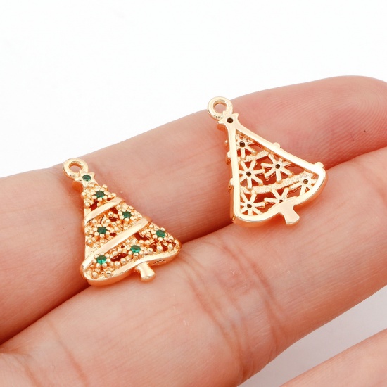 Imagen de Latón Colgantes Charms Árbol de Navidad 18K Oro Real Chapado Micro Pave Verde Circón Artificial 18.5mm x 12mm, 2 Unidades