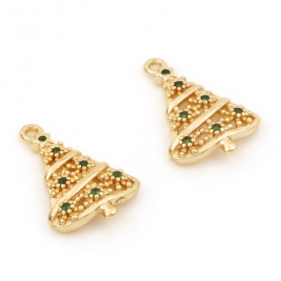 Imagen de Latón Colgantes Charms Árbol de Navidad 18K Oro Real Chapado Micro Pave Verde Circón Artificial 18.5mm x 12mm, 2 Unidades