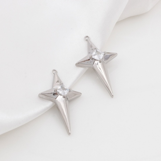 Imagen de Latón Galaxia Colgantes Estrella Platino Real Chapado Claro Circón Artificial 3cm x 1.8cm, 2 Unidades