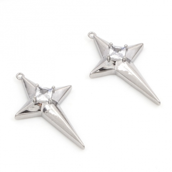 Imagen de Latón Galaxia Colgantes Estrella Platino Real Chapado Claro Circón Artificial 3cm x 1.8cm, 2 Unidades