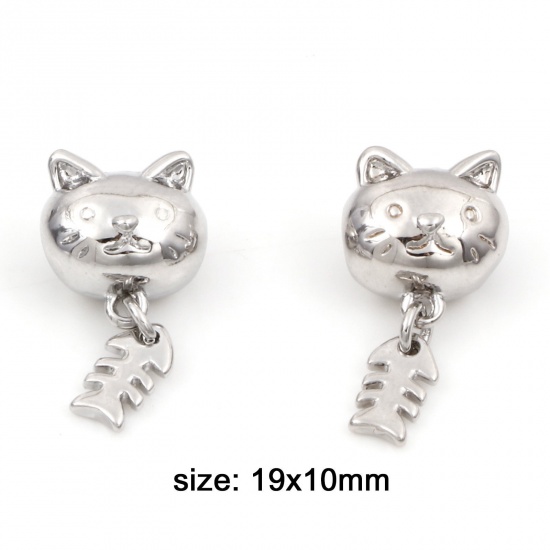 Immagine di Ottone Perline per la Creazione di Gioielli con Ciondoli Fai-da-te Vero Platino Placcato Gatto Lisca Micro Spianare Circa 19mmx 10mm, Foro:Circa 2.8mm, 2 Pz