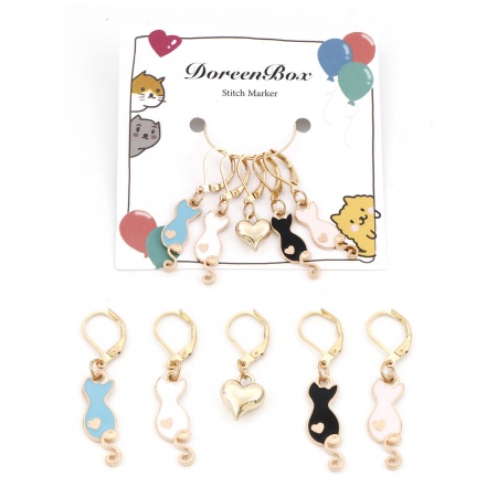 Zinc Based Alloy Knitting Stitch Markers Cat Animal Heart Gold Plated Enamel 4.3x1cm 3x1cm, 1 Set ( 5 PCs/Set)