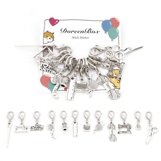 Picture of Zinc Based Alloy Knitting Stitch Markers Sewing Tools Antique Silver Color 5.9x1cm - 3.3x1cm, 1 Set ( 12 PCs/Set)