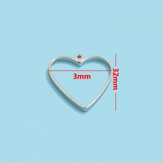 Image de Pendentif Cadre Arrière Ouvert pour Résine Polymètre en 304 Acier Inoxydable Respectueux de la Nature Cœur Argent Mat 32mm x 30mm , 3 Pcs