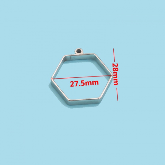 Image de Pendentif Cadre Arrière Ouvert pour Résine Polymètre en 304 Acier Inoxydable Respectueux de la Nature Hexagone Argent Mat 27.5mm x 28mm , 3 Pcs