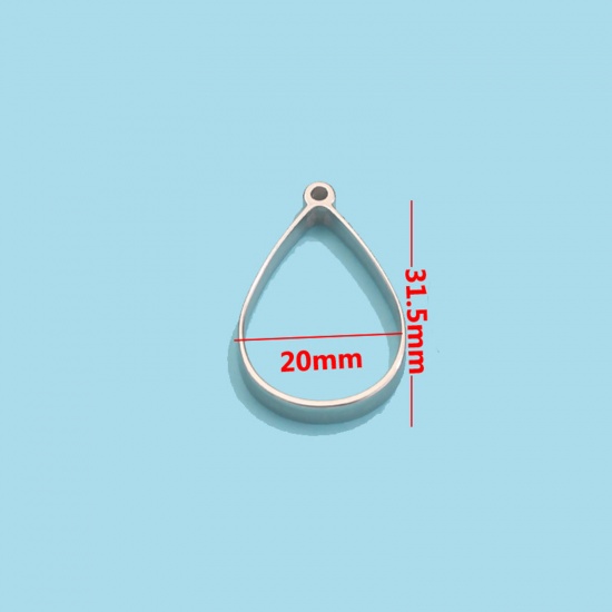 Image de Pendentif Cadre Arrière Ouvert pour Résine Polymètre en 304 Acier Inoxydable Respectueux de la Nature Goutte d'Eau Argent Mat 31mm x 20mm , 3 Pcs