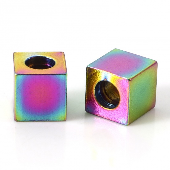 Image de Perles pour DIY Fabrication de Bijoux en 304 Acier Inoxydable Placage sous Vide PVD Respectueux de l'Environnement Cube Plaqué de Couleur Arc-en-ciel 6mm x 6mm, Trou: env. 3mm, 10 Pcs