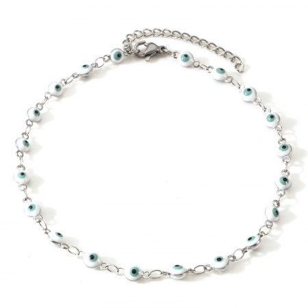 Bild von Großhandel Böser Blick Evil Eye Weiß Emaille 304 Edelstahl Schmuckkette Kette Fußketten, Silberfarbe Umweltfreundlich, Frauen Religiös Stilvoll Geschenk Schmuckbedarf, 24cm lang, Kettengröße: 4.5mm, 1 Strang