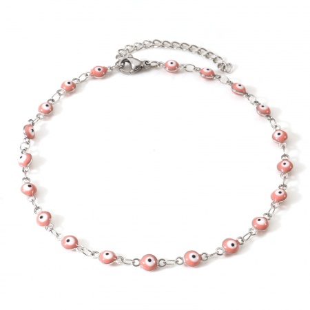 Bild von Großhandel Böser Blick Evil Eye Rosa Emaille 304 Edelstahl Schmuckkette Kette Fußketten, Silberfarbe Umweltfreundlich, Frauen Religiös Stilvoll Geschenk Schmuckbedarf, 24cm lang, Kettengröße: 4.5mm, 1 Strang