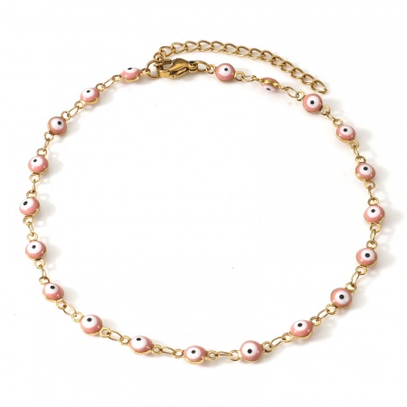 Bild von Großhandel Böser Blick Evil Eye Rosa Emaille 304 Edelstahl Schmuckkette Kette Fußketten, 18K Vergoldet Umweltfreundliche PVD, Frauen Religiös Stilvoll Geschenk Schmuckbedarf, 24cm lang, Kettengröße: 4.5mm, 1 Strang